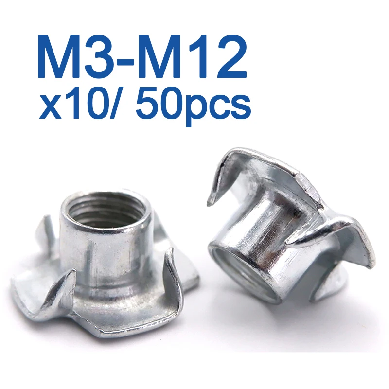 10/ 50pcs M3 M4 M5 M6 M8 M10 M12 Four Claws Nut T-nut Blind Pronged Insert T-Nut for Wood Furniture Hardware
