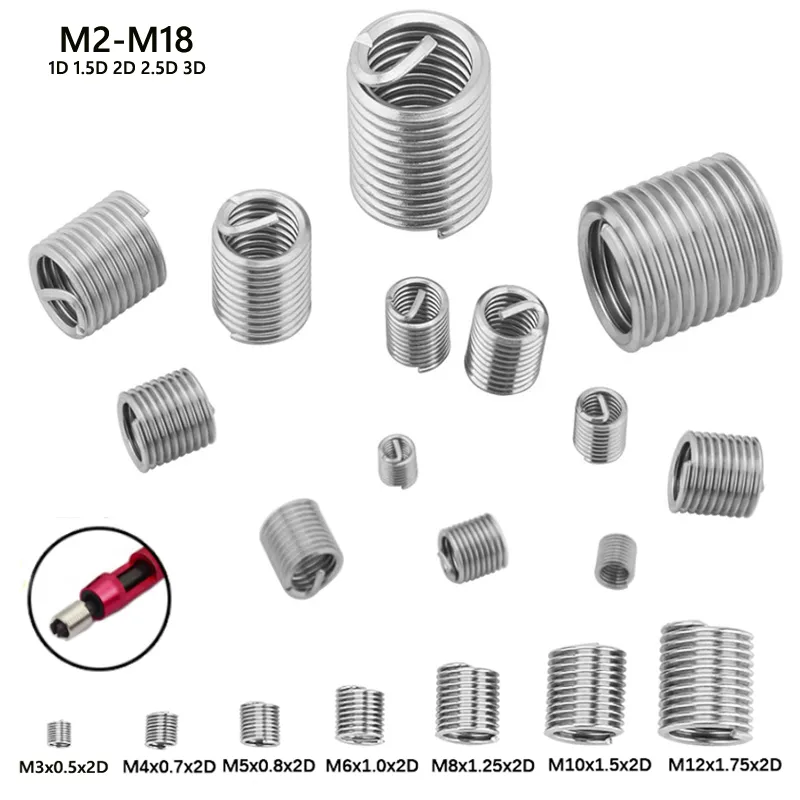 M2- M18 304 Stainless Steel 1D-3D Fastening Thread Insert Kit Hardware Repair Tool Spirals Wire Sleeve Screw Wear