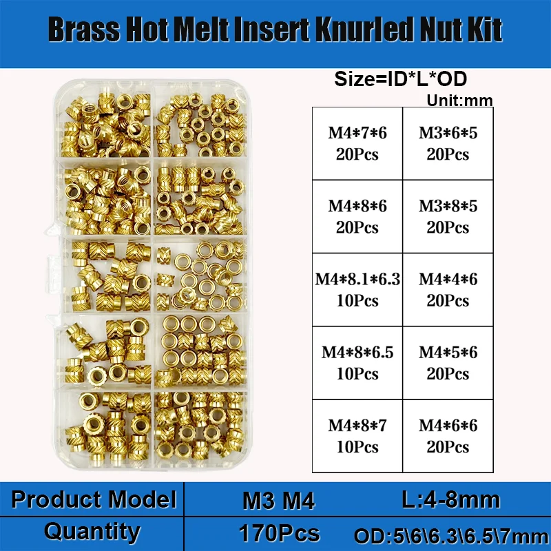 Brass Insert Nut Set M2 M2.5 M3 M4 M5 M6 Hot Melt Knurled Threaded Insert Thread Brass Knurled Embedment Copper Nut for 3d Print