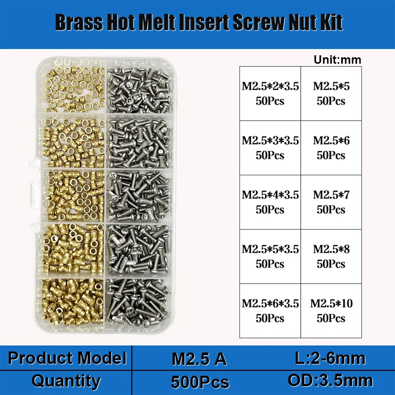 Brass Insert Nut M1.4 M1.6 M2 M2.5 M3 M4 M5 Brass Hot Melt Insert Knurled Nut and Stainless Steel Screw Set Injection Embedment