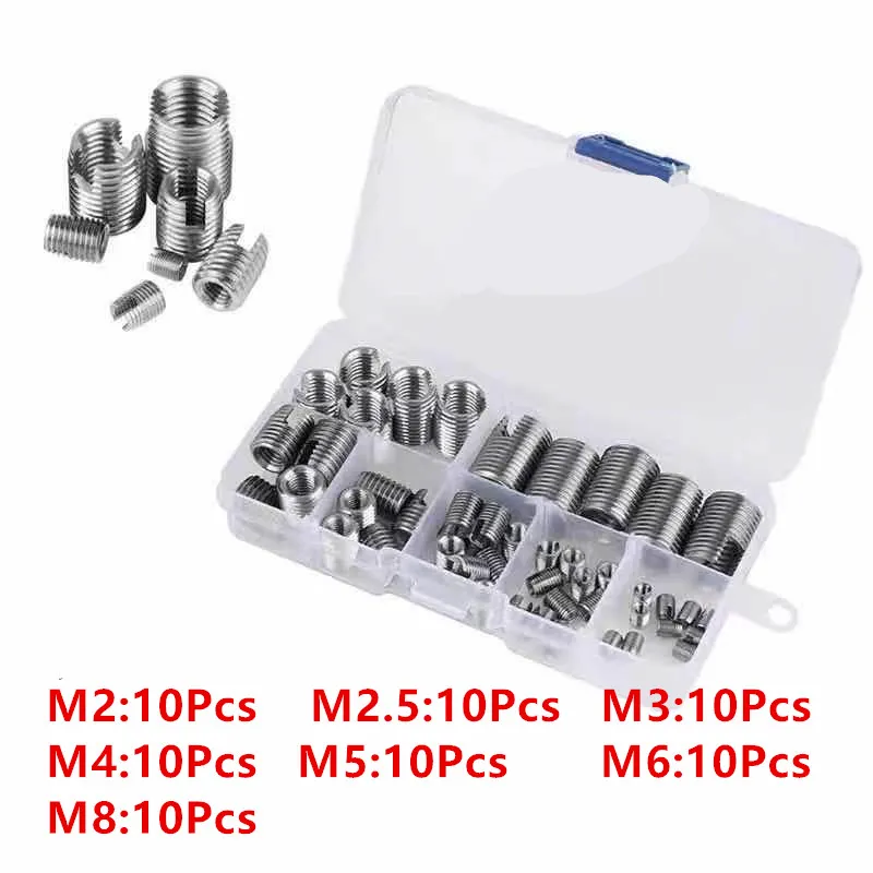 70Pcs Stainless Steel Carbon Steel Self Tapping Thread Slotted Inserts Set Metal Helicoil Wire Threaded Repair Insert Kit