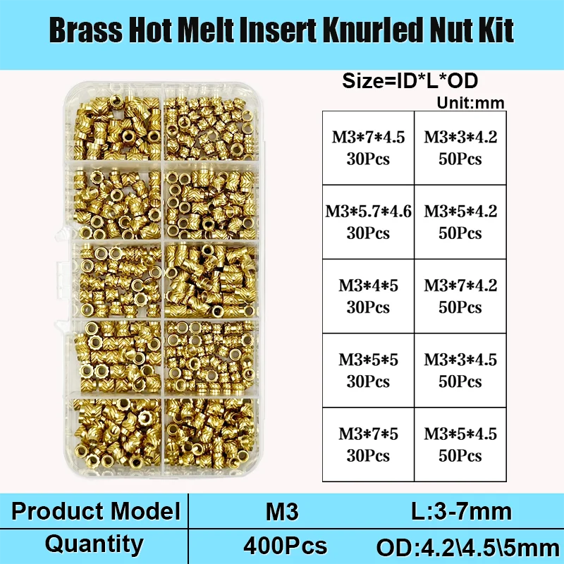 Brass Hot Melt Insert Nut Set M2 M2.5 M3 M4 M5 M6 Brass Thread Heat Molding Double Twill Injection Embedment Nut For 3D Printer