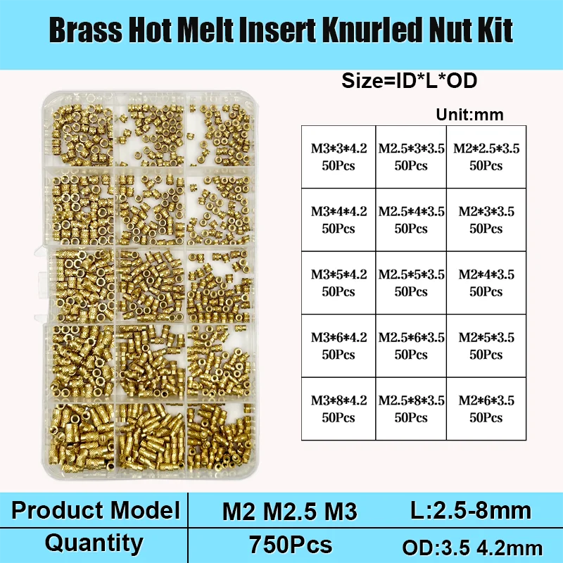 Brass Hot Melt Insert Nut Set M2 M2.5 M3 M4 M5 M6 Brass Thread Heat Molding Double Twill Injection Embedment Nut For 3D Printer