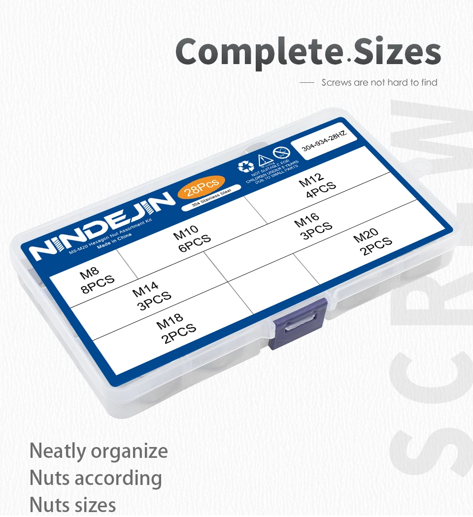 NINDEJIN Hexagon Nuts Assortment Kit M2 M2.5 M3 M4 M5 M6 M8 M10 M12 Stainless Steel Metric Hex Nuts Set DIN934