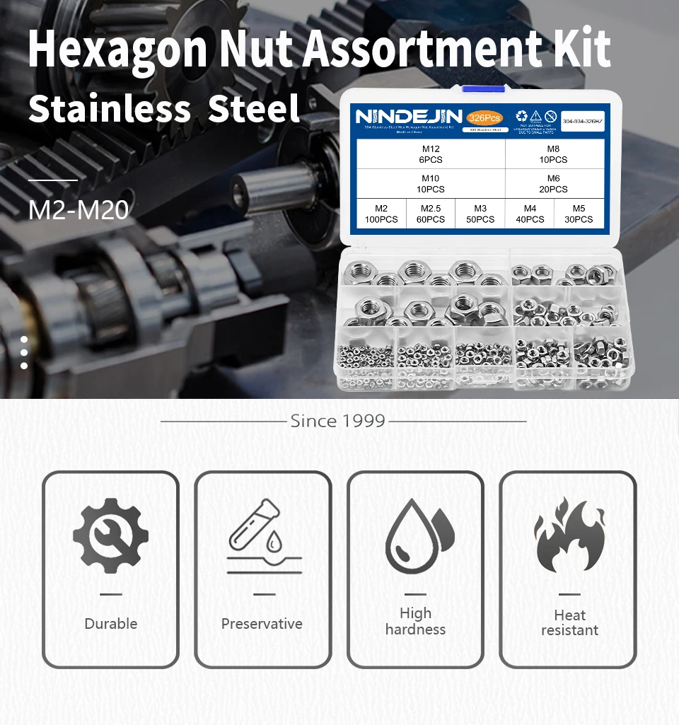 NINDEJIN Hexagon Nuts Assortment Kit M2 M2.5 M3 M4 M5 M6 M8 M10 M12 Stainless Steel Metric Hex Nuts Set DIN934
