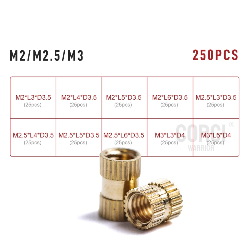 M2 M2.5 M3 M4 M5 M6 Brass Heat Set Insert Nut Hot Melt Nutinsert Thread Knurled Double Twill Embedment Copper Nut Assortment Kit