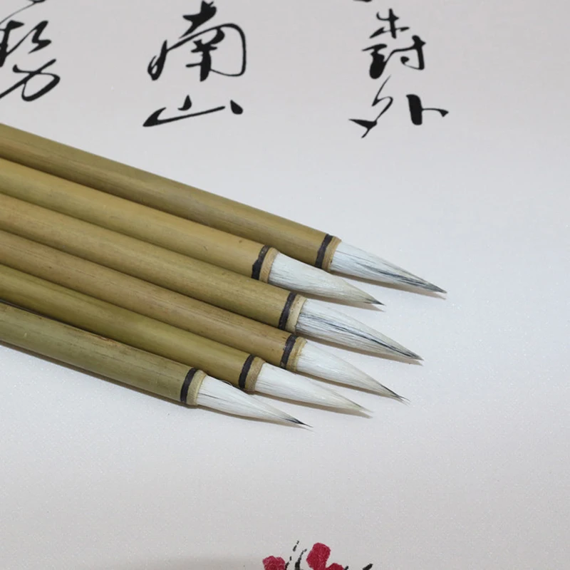 10 Pcs Bamboo Calligraphy Brush Pen Wool Chinese Calligraphy Painting Brush Pen Sheep Hair Regular Script Writing Brush