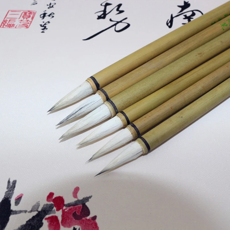 10 Pcs Bamboo Calligraphy Brush Pen Wool Chinese Calligraphy Painting Brush Pen Sheep Hair Regular Script Writing Brush