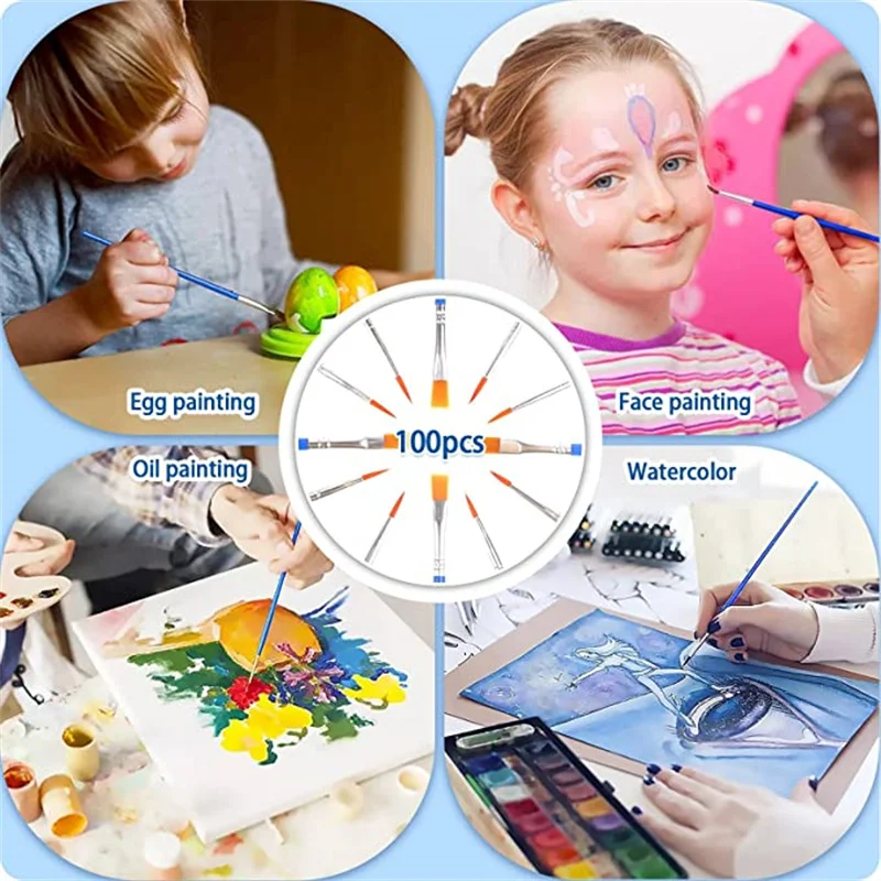 100pcs Paint Brushes Set for Kids Acrylic with Flat Round Pointed Paint Brushes Craft Watercolor Oil Painting Brushes