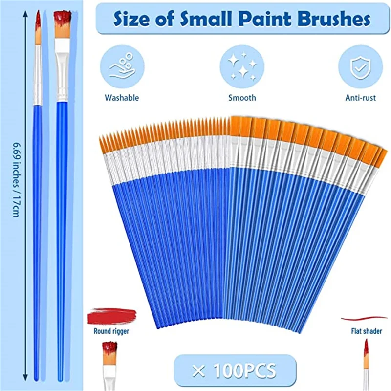 100pcs Paint Brushes Set for Kids Acrylic with Flat Round Pointed Paint Brushes Craft Watercolor Oil Painting Brushes