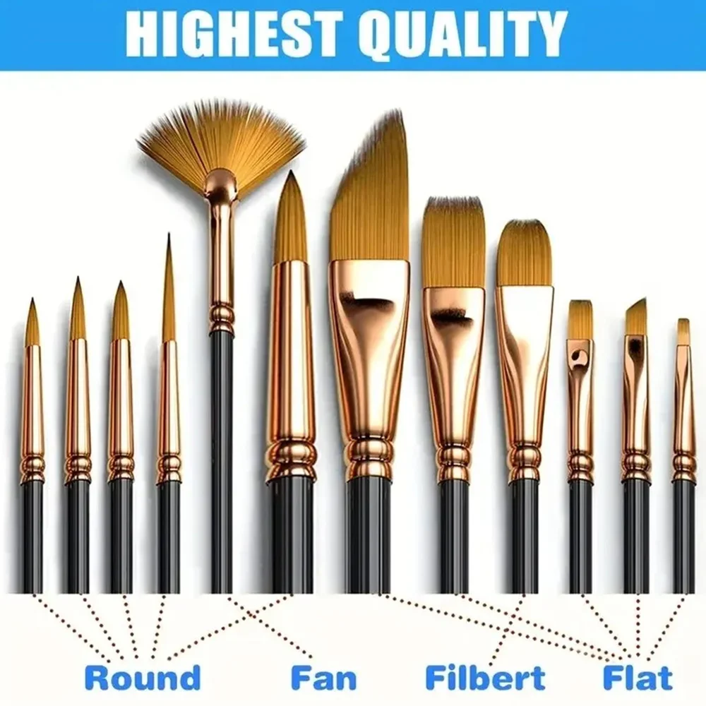 12Piece Nylon Bristle Brush Set, Nylon Flat Brushes Watercolor Brushes Oil Paint Brushes For Artists Amateur Acrylic Painting