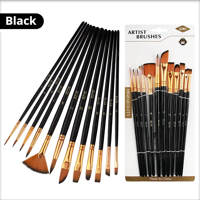 12 PCS Nylon Bristle Brush Set, Nylon Flat Brushes, Watercolor Brushes, Oil Paint, Artists, Amateur Acrylic Painting