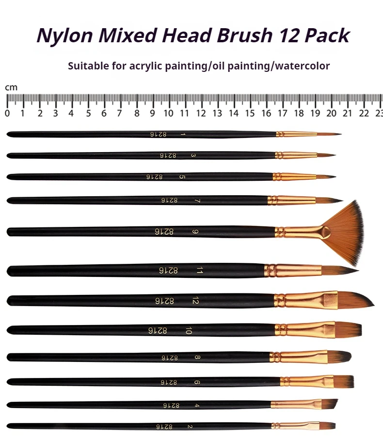 12 PCS Nylon Bristle Brush Set, Nylon Flat Brushes, Watercolor Brushes, Oil Paint, Artists, Amateur Acrylic Painting