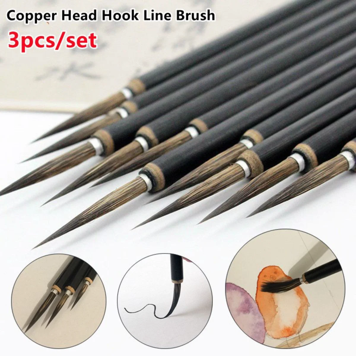 3pcs/set Copper Head Hook Line Pen Calligraphy Boutique Color Painting Brush