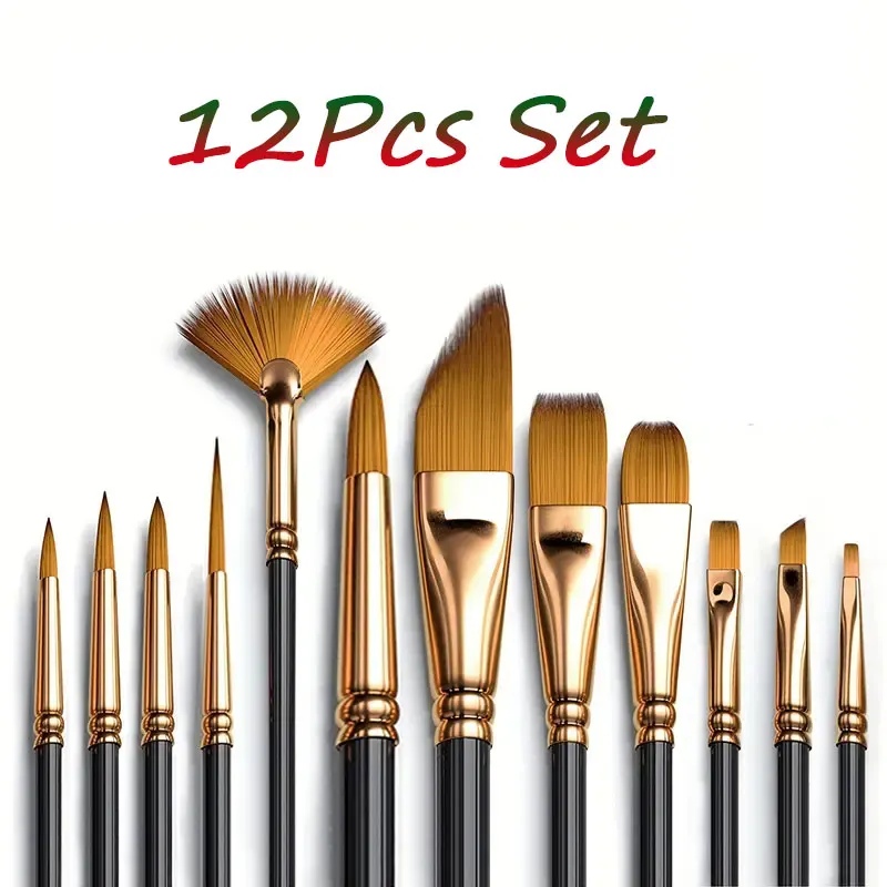 12Piece Nylon Bristle Brush Set, Nylon Flat Brushes Watercolor Brushes Oil Paint Brushes For Artists Amateur Acrylic Painting