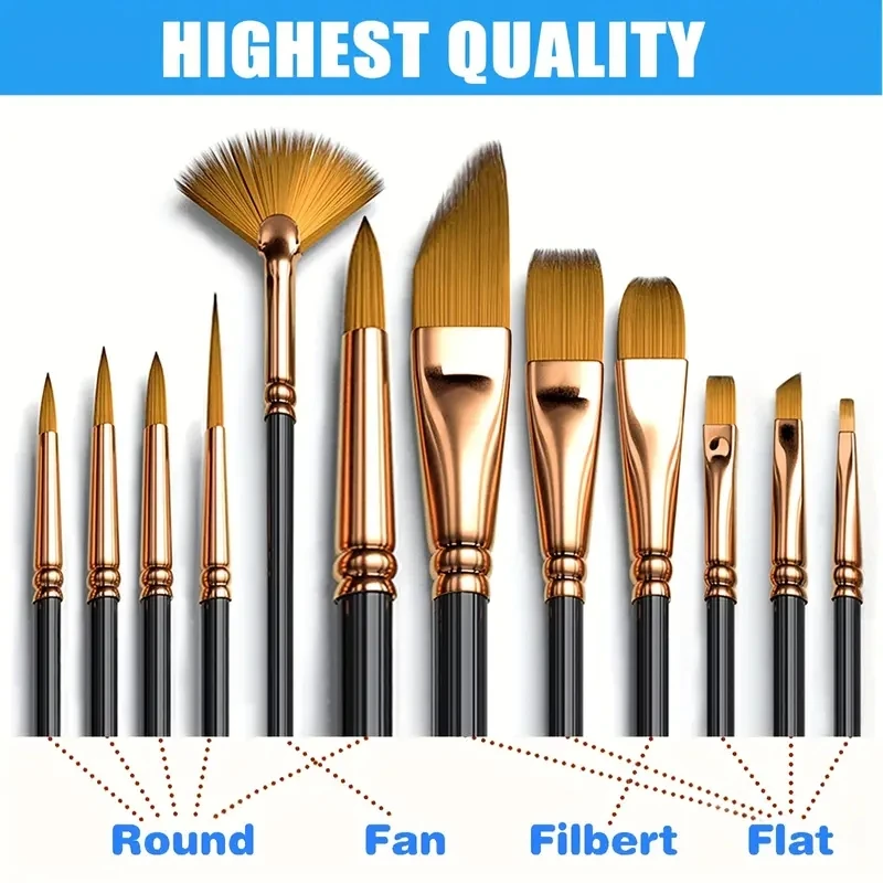 12Piece Nylon Bristle Brush Set, Nylon Flat Brushes Watercolor Brushes Oil Paint Brushes For Artists Amateur Acrylic Painting