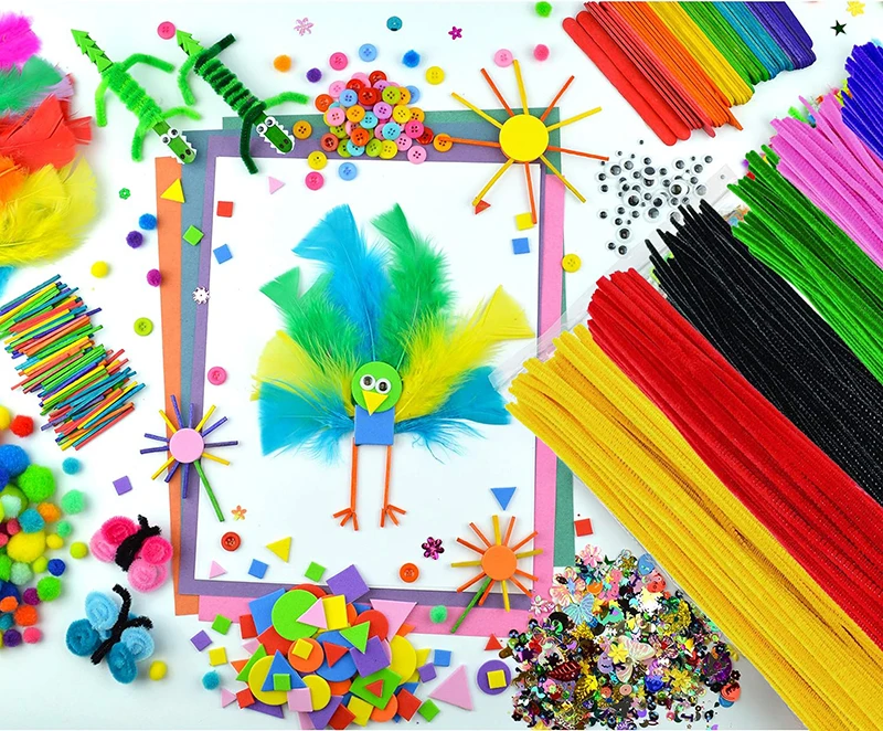 1000pcs Kids Crafts Art Supplies Kit Pipe Cleaners Pompoms Foam Stickers Feather Felt Cloth Button DIY Creative Craft Toy Gifts