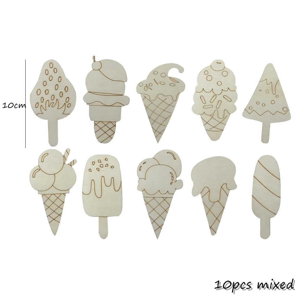 10pcs Wooden Ice Cream Gifts Multi Blank DIY Painting Ornmanet for Summer Birthday Party Decorations Kids Crafts Supplies