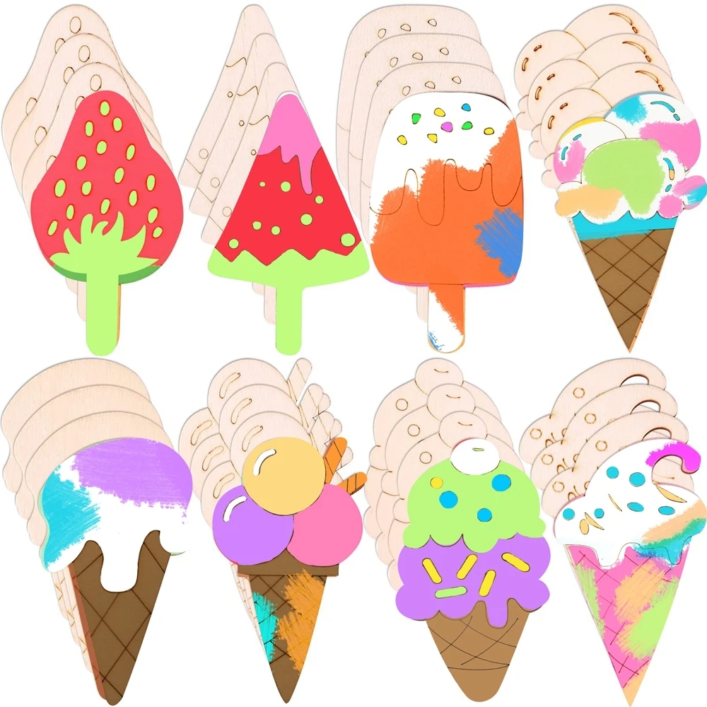 10pcs Wooden Ice Cream Gifts Multi Blank DIY Painting Ornmanet for Summer Birthday Party Decorations Kids Crafts Supplies