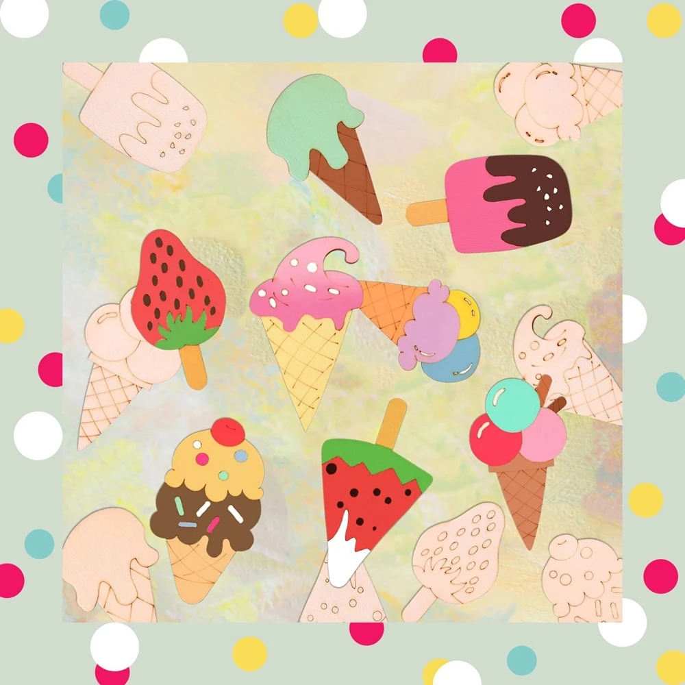 10pcs Wooden Ice Cream Gifts Multi Blank DIY Painting Ornmanet for Summer Birthday Party Decorations Kids Crafts Supplies