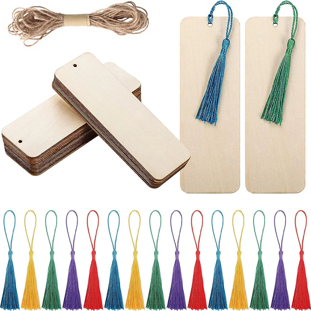 10/20/60Pcs Wood Bookmark Bulk Blank Hanging Label Wooden Bookmarks Sign Unfinished Label Ornaments With Tassel Ropes DIY Crafts