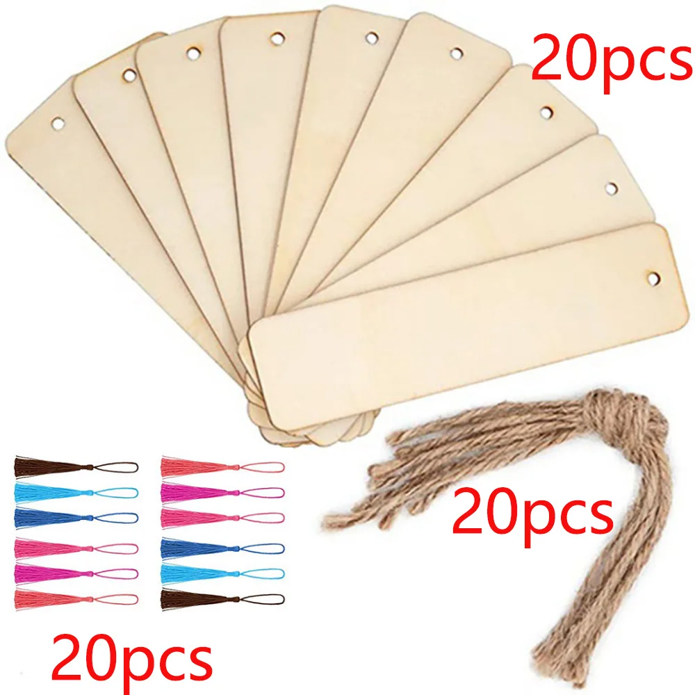 10/20/60Pcs Wood Bookmark Bulk Blank Hanging Label Wooden Bookmarks Sign Unfinished Label Ornaments With Tassel Ropes DIY Crafts