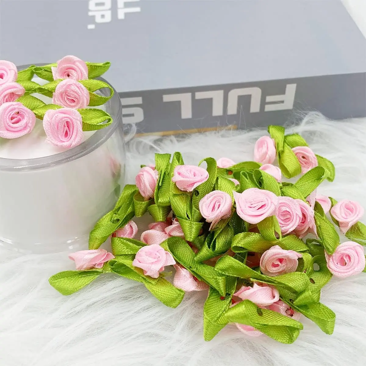 100pcs Artificial Fabric Flower and Green Leaf Color Mix Small Ribbon Rose Decoration for Crafts DIY Sewing Decoration