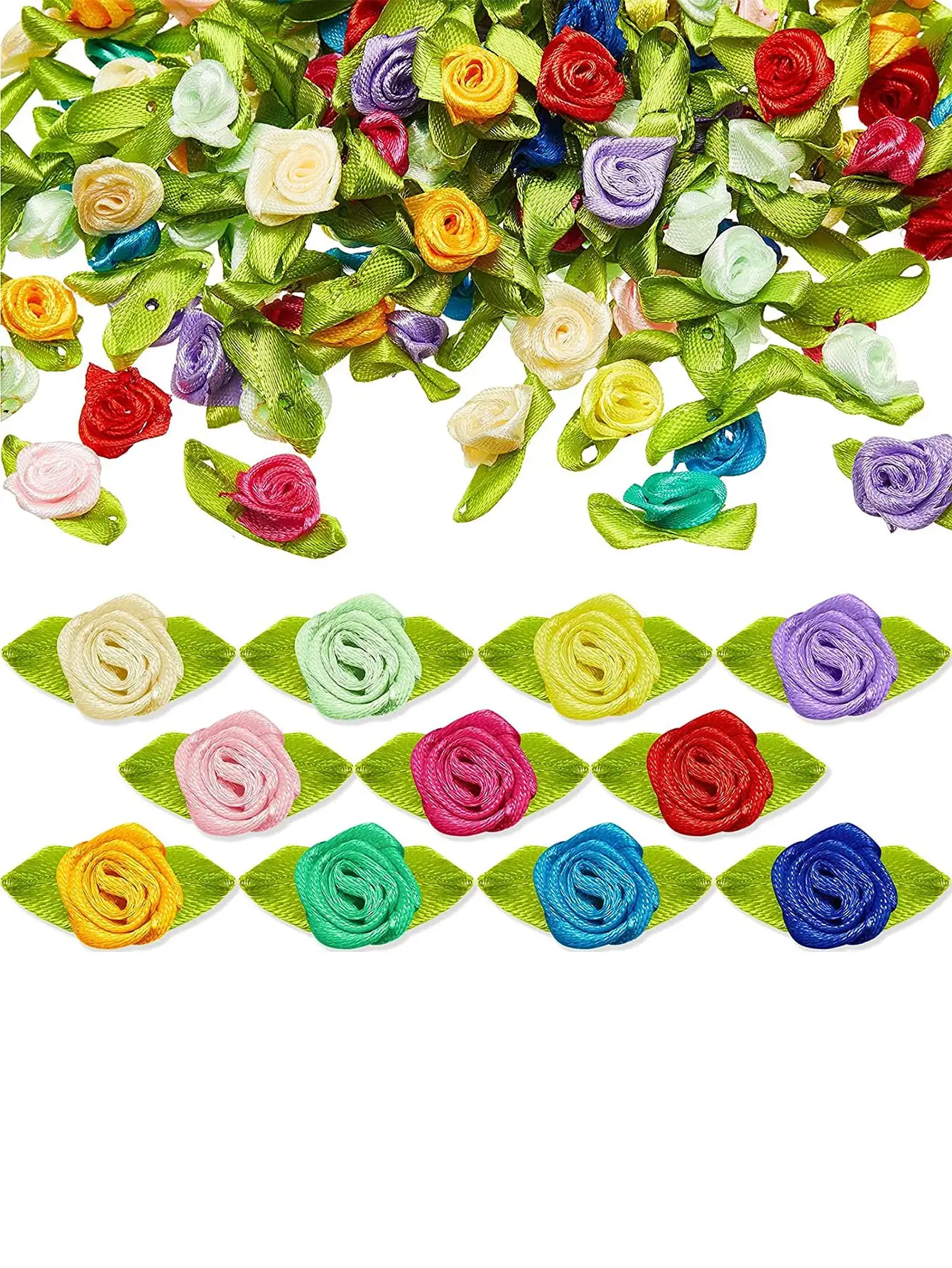 100pcs Artificial Fabric Flower and Green Leaf Color Mix Small Ribbon Rose Decoration for Crafts DIY Sewing Decoration