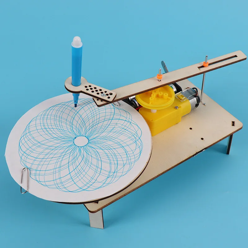 DIY Kids Creative Assembled Wooden Electric Plotter Kit Model Automatic Painting Drawing Robot Science Physics Experiment Toy