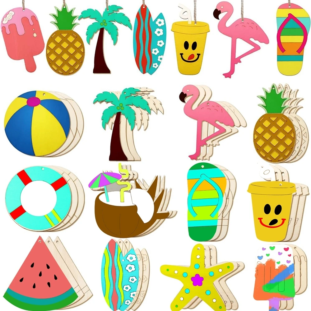 12pcs Wooden Flamingo Pineapple Ornaments Summer Party Hanging Craft for Kids Pool Party Decorations DIY Painting Gifts Supplies