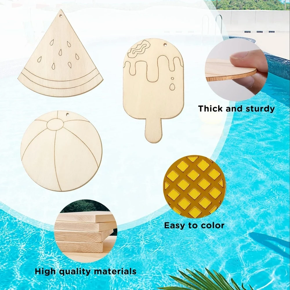 12pcs Wooden Flamingo Pineapple Ornaments Summer Party Hanging Craft for Kids Pool Party Decorations DIY Painting Gifts Supplies