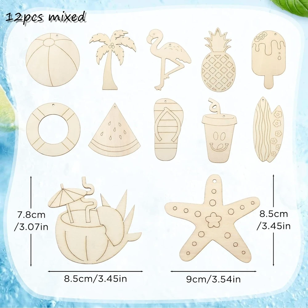 12pcs Wooden Flamingo Pineapple Ornaments Summer Party Hanging Craft for Kids Pool Party Decorations DIY Painting Gifts Supplies