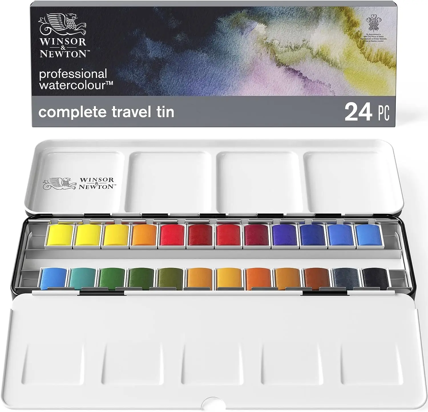 Winsor & Newton Professional Watercolor Paint In Metal Box 24 Half Pans High Grade Artist Quality and Reliability Pigment