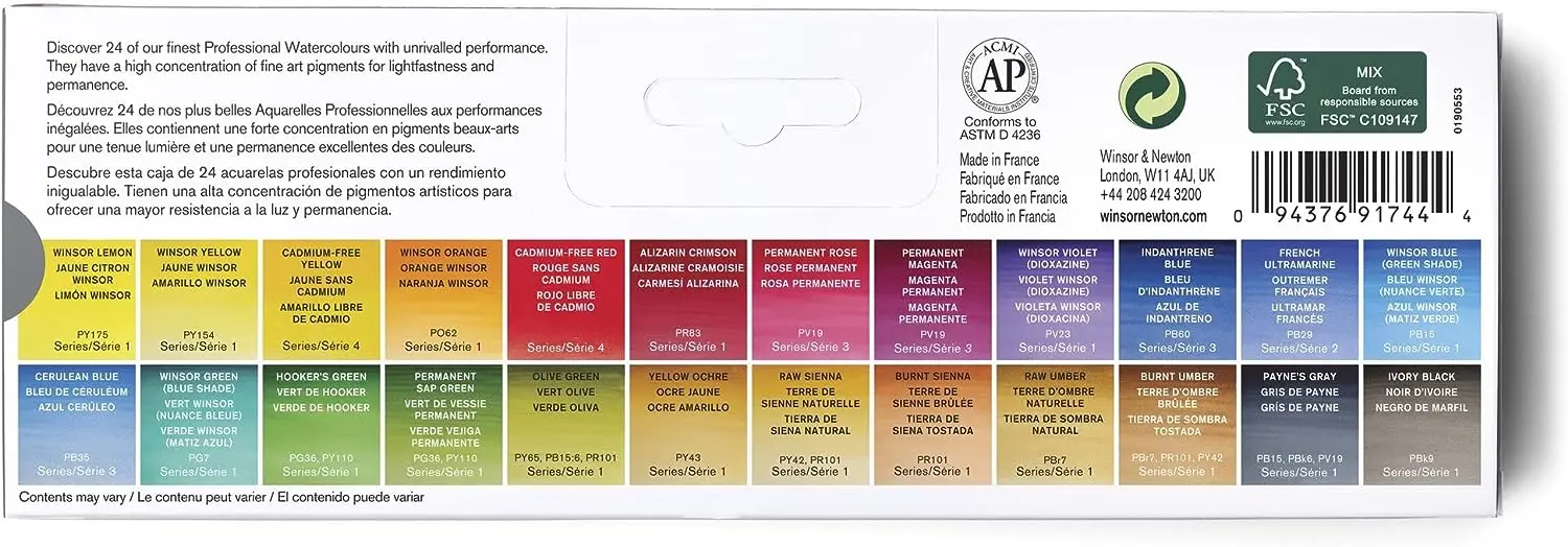 Winsor & Newton Professional Watercolor Paint In Metal Box 24 Half Pans High Grade Artist Quality and Reliability Pigment