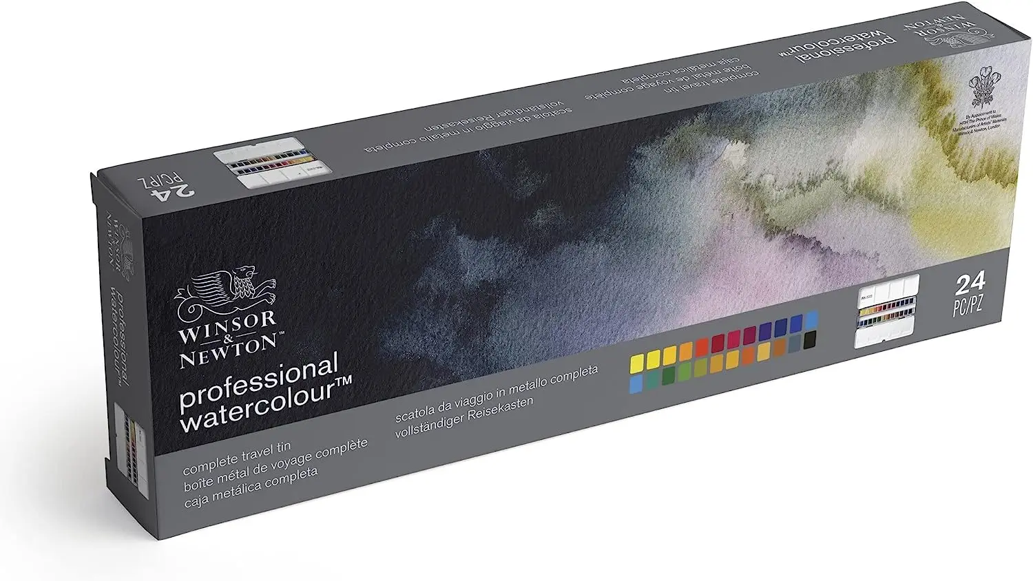 Winsor & Newton Professional Watercolor Paint In Metal Box 24 Half Pans High Grade Artist Quality and Reliability Pigment