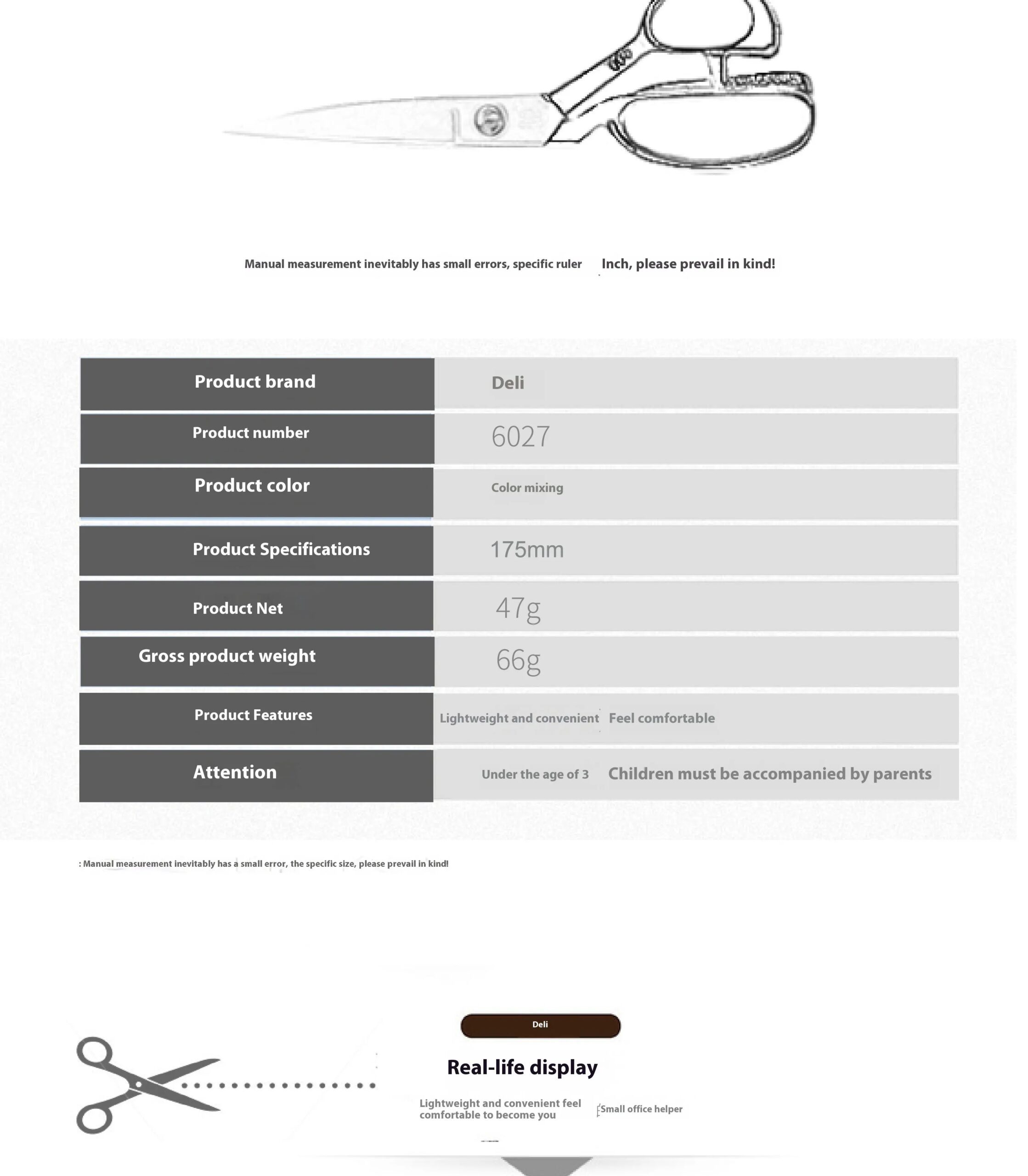 Deli-Stainless Steel Anti-Stick Scissors, Alloy Stationery, School Supplies, Office, Student, DIY, Hand Craft, 175mm