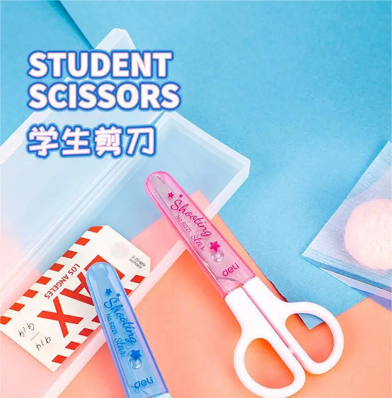 DELI Safty Scissors for Kids Student DIY Paper Scissors 122mm With Sleeve Cutting Tool Stationery