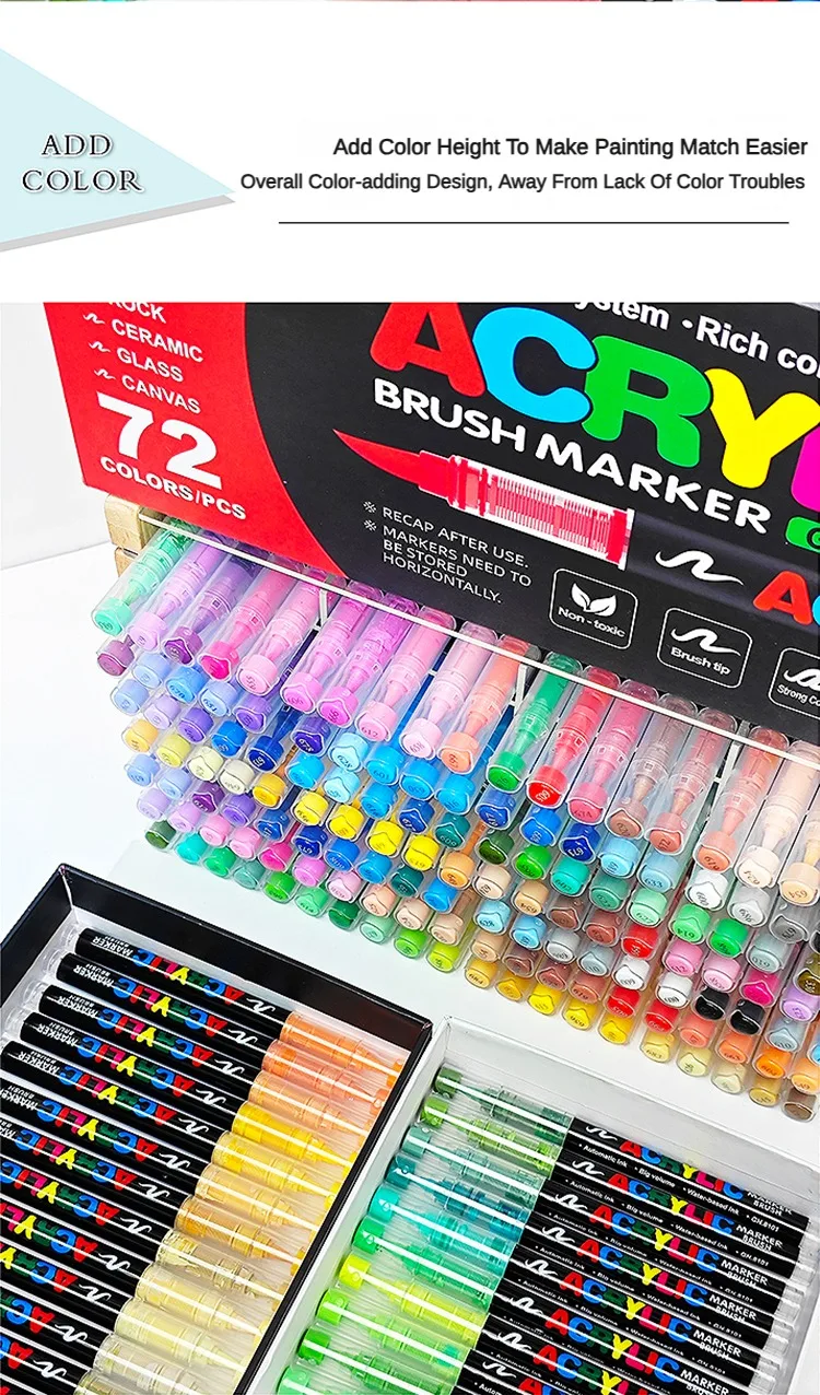 12/72 Colors Acrylic Markers Brush Pens for Fabric Rock Painting Pen Stone Ceramic Glass Canvas DIY Card Making Art Supplies