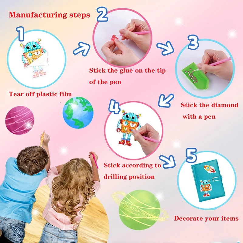 Gem Diamond Painting Art Kits for Kids Cute Stickers with Keychain DIY Tools and Crafts Supplies for Girls Children Ages 6-12