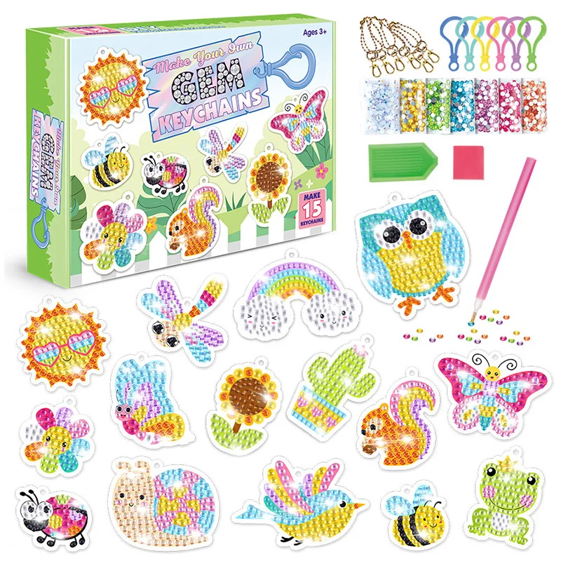 Gem Diamond Painting Art Kits for Kids Cute Stickers with Keychain DIY Tools and Crafts Supplies for Girls Children Ages 6-12