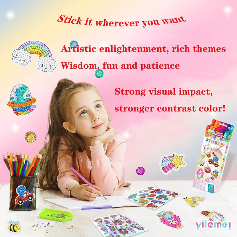 Gem Diamond Painting Art Kits for Kids Cute Stickers with Keychain DIY Tools and Crafts Supplies for Girls Children Ages 6-12