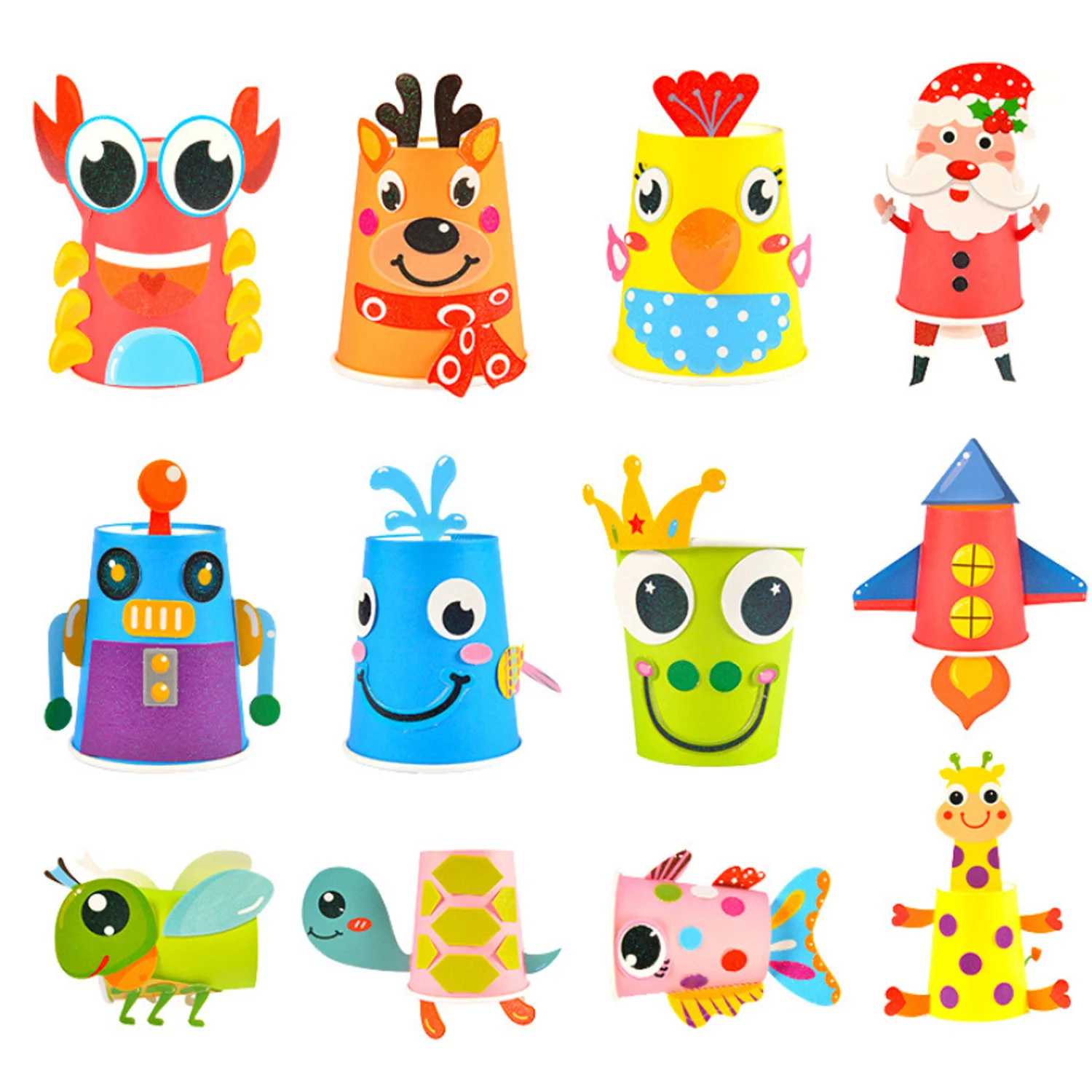 12PCS DIY Handmade Paper Cups Craft Art Kit with 12 Animal Patterns for Kids Children Kindergarten Preschool Educational Toys