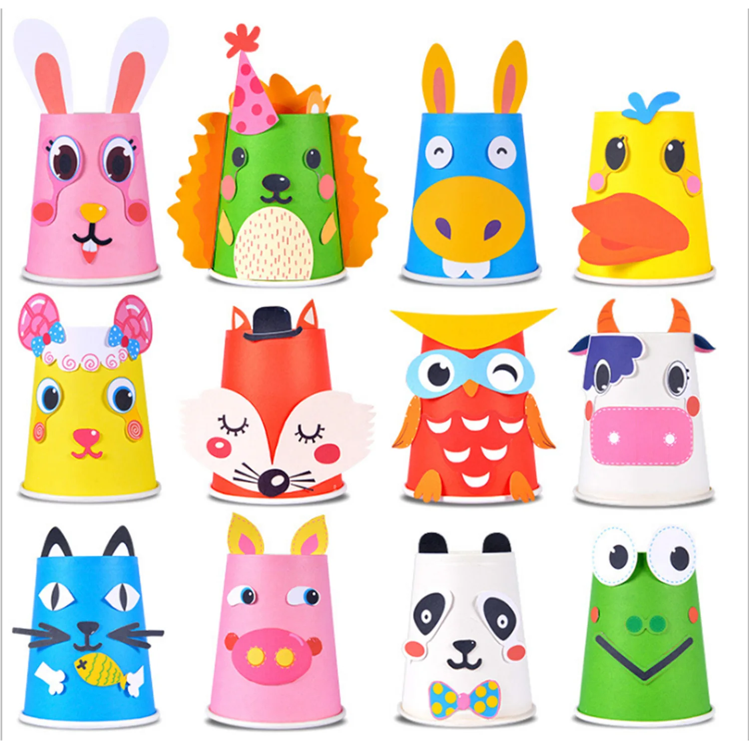 12PCS DIY Handmade Paper Cups Craft Art Kit with 12 Animal Patterns for Kids Children Kindergarten Preschool Educational Toys