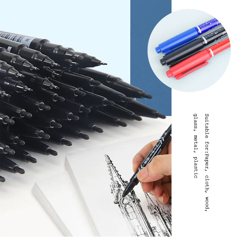 1/3/5Pcs Oil Marker Pen Twin Tip Black/Blue/Red Permanent Fine Point Marker Ink Stationery Painting Writing School Supplies