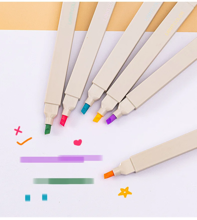 6 Pcs/Set Double Tip Highlighter Pens Kawaii Manga Markers Midliner Pastel Gel Set Stationery Journal Supplies Gel Pens