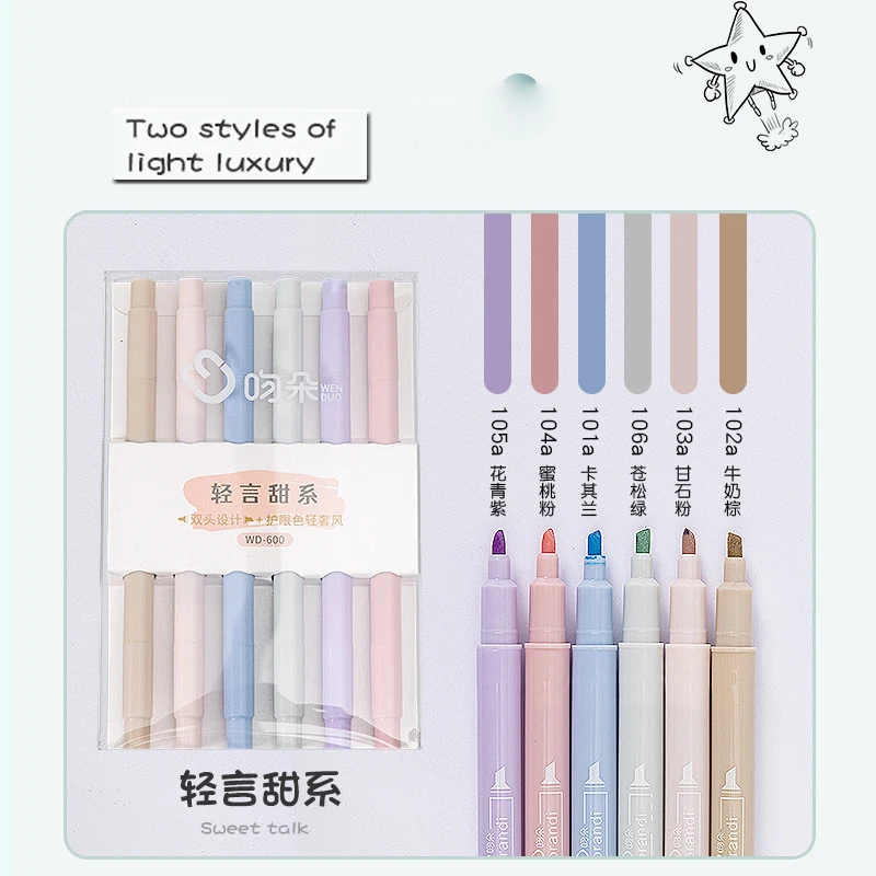 6 Pcs/Set Double Tip Highlighter Pens Kawaii Manga Markers Midliner Pastel Gel Set Stationery Journal Supplies Gel Pens