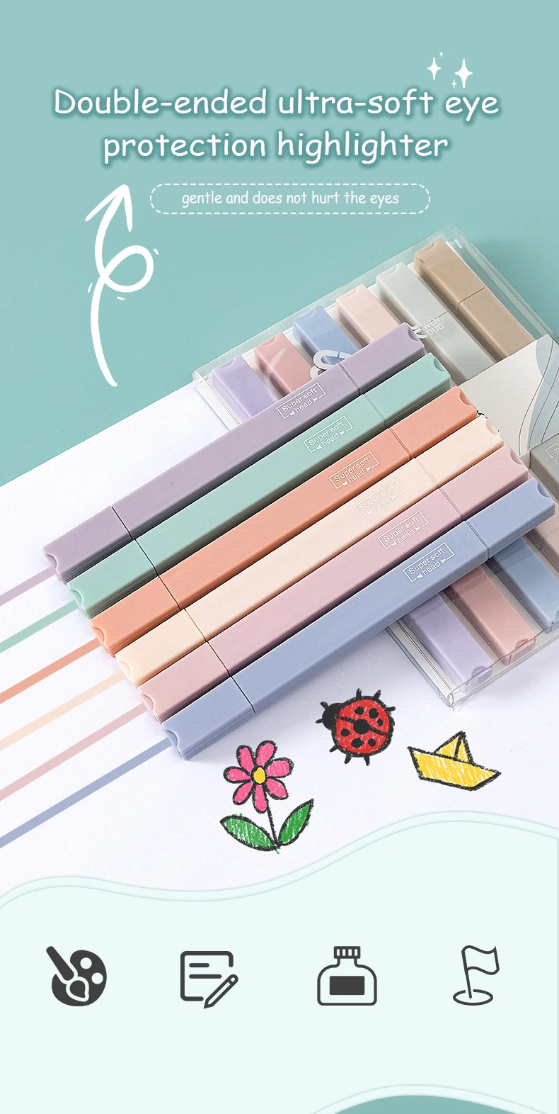 6 Pcs/Set Double Tip Highlighter Pens Kawaii Manga Markers Midliner Pastel Gel Set Stationery Journal Supplies Gel Pens