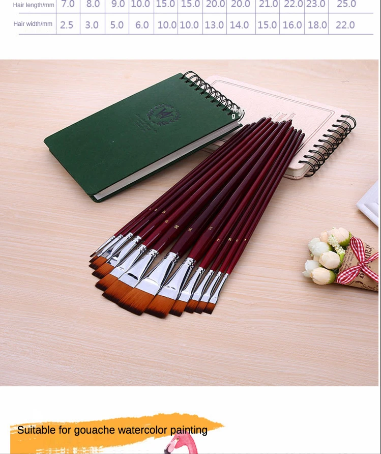 Two-color nylon hair flat peak oil brush 12 pcs sets of brushes art water-colour paint brush school educational supplies