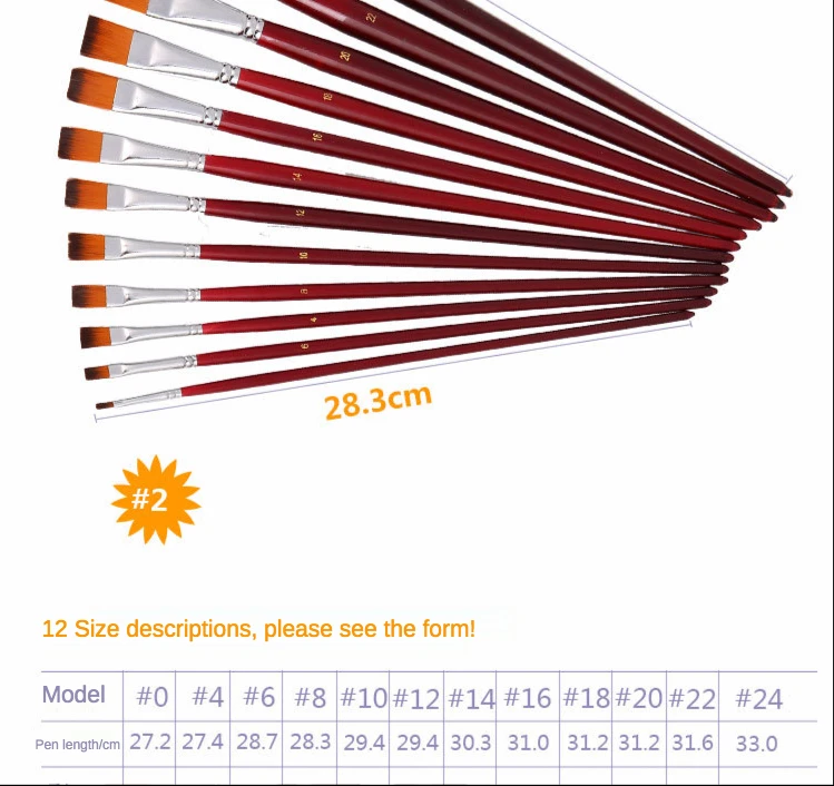 Two-color nylon hair flat peak oil brush 12 pcs sets of brushes art water-colour paint brush school educational supplies