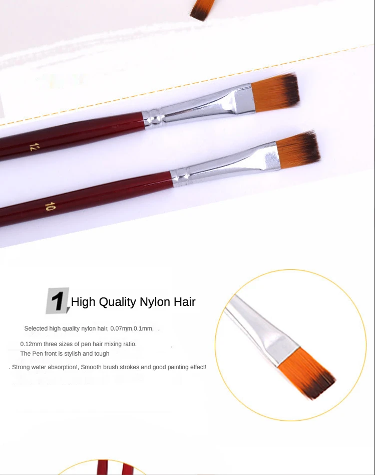 Two-color nylon hair flat peak oil brush 12 pcs sets of brushes art water-colour paint brush school educational supplies